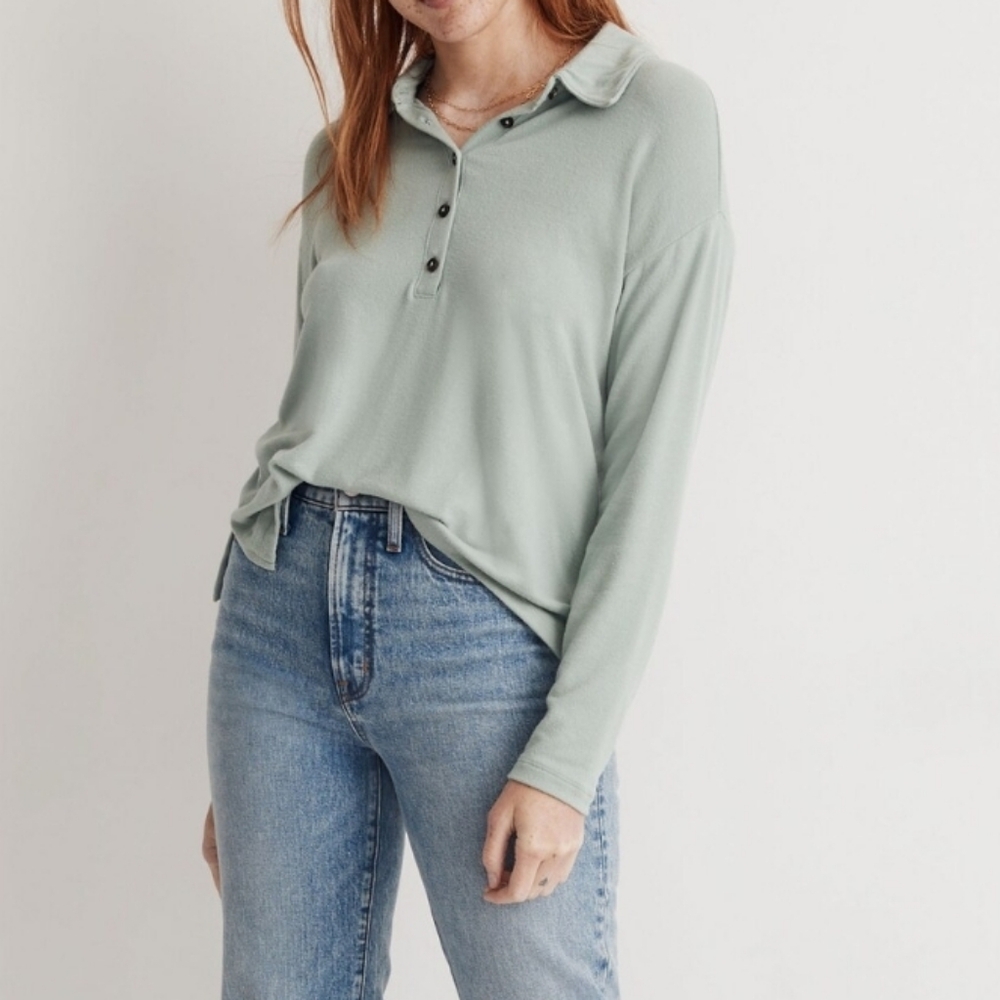 Madewell Dreamiest Knit Long Sleeve Henley Polo - Green - Size Large